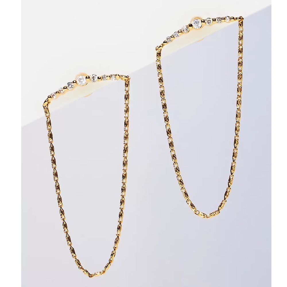 Anthropologie Crystal Bar Chain Drop Earrings Gold CZ Cocktail Statement Jewelry